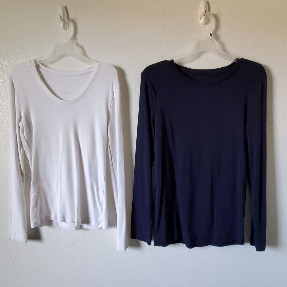 A New Day Basic T-Shirt Set Of 2 Womens XS/S Blue White Long Sleeve Knit